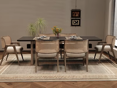 Modern Dining Table Set With Rattan Backrest Chairs Beige Cushions Wooden Legs Vase Flowers Tableware 3d model
