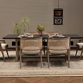 Modern Dining Table Set With Rattan Backrest Chairs Beige Cushions Wooden Legs Vase Flowers Tableware