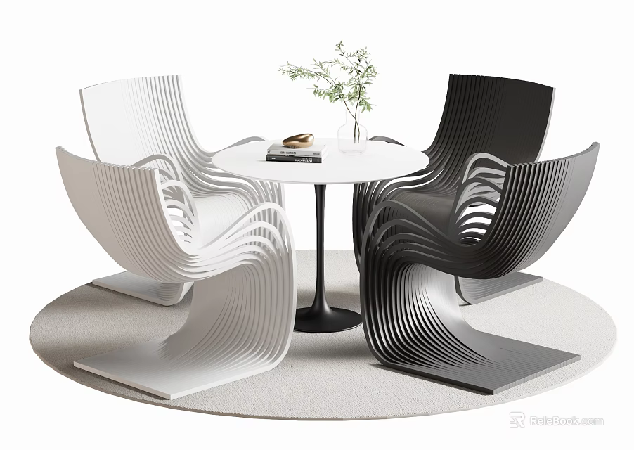 Modern Round Table And Chair Set With Black White Curved Chairs And Small Plant 3d model 