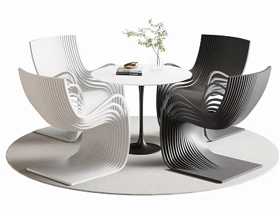 Modern Round Table And Chair Set With Black White Curved Chairs And Small Plant 3d model