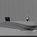 Modern Reception Desk With Curved Design Integrated Lighting Robot And Striped White Wall
