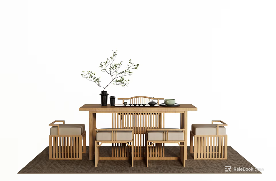 Traditional Chinese Style Wooden Tea Table And Chairs With Vase Branches And Tea Set 3d model 