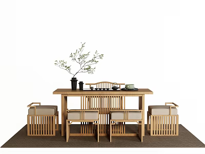 Traditional Chinese Style Wooden Tea Table And Chairs With Vase Branches And Tea Set 3d model