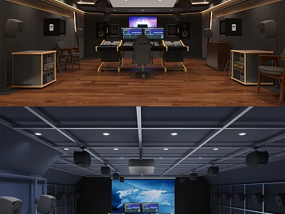School Modern Multimedia Lab With Control Console Monitor Screens Speakers And Wooden Flooring 3d model