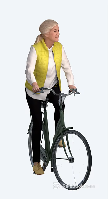 Woman Riding Green Bicycle Wearing Yellow Vest White Top And Black Pants 3d model 