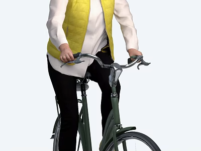 Woman Riding Green Bicycle Wearing Yellow Vest White Top And Black Pants 3d model