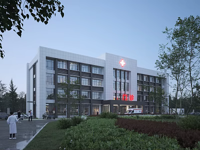 Modern Hospital Building Exterior Featuring Red Cross Sign Ambulance Entrance And Greenery 3d model