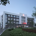 Modern Hospital Building Exterior Featuring Red Cross Sign Ambulance Entrance And Greenery