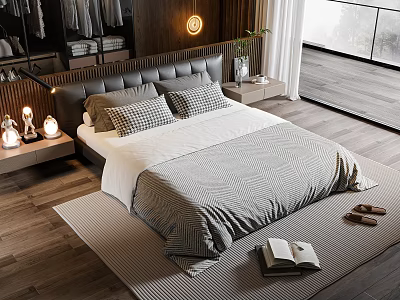 Double bed with gray white quilt and wooden headboard nightstand lamp floor rug window view 3d model