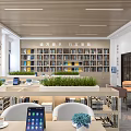 Modern Book Art Interior Design With Colorful Bookshelves Tables Green Plants And Tablets