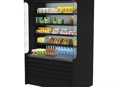 Commercial Upright Glass Door Display Refrigerator With Black Exterior And Beverages Inside 3d model