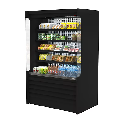 Commercial Upright Glass Door Display Refrigerator With Black Exterior And Beverages Inside 3d model