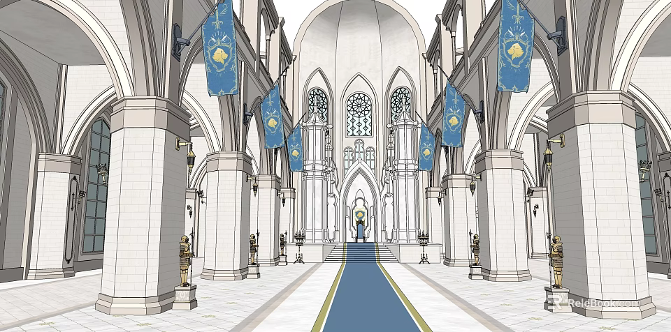 Religious Faith Inspired Church Interior With Gothic Arches Stained Glass And Blue Banners 3d model 