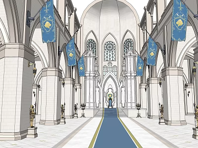 Religious Faith Inspired Church Interior With Gothic Arches Stained Glass And Blue Banners 3d model