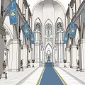 Religious Faith Inspired Church Interior With Gothic Arches Stained Glass And Blue Banners