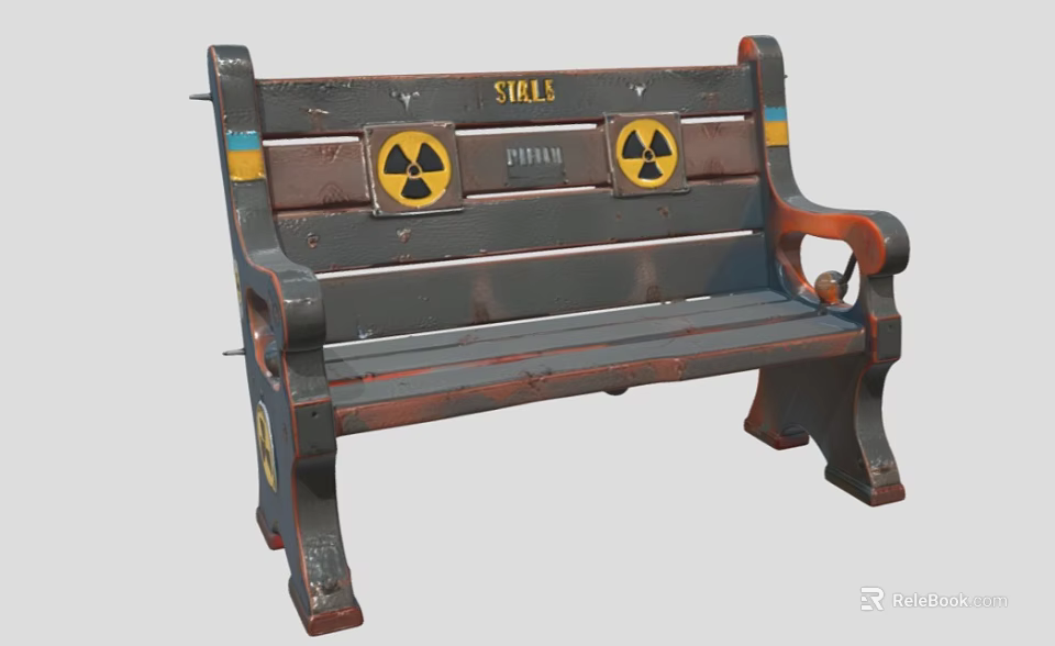 Public Bench In Prison Facility With Yellow Radioactive Warning Signs And Red Strips 3d model 