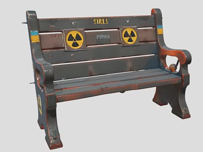 Public Bench In Prison Facility With Yellow Radioactive Warning Signs And Red Strips 3d model