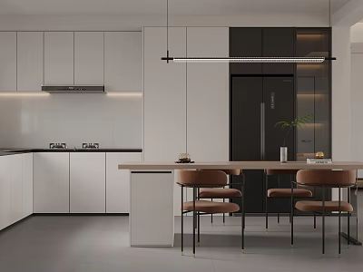 Modern Restaurant Kitchen Interior With White Cabinets Black Refrigerator Island Counter And Chairs 3d model