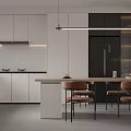 Modern Restaurant Kitchen Interior With White Cabinets Black Refrigerator Island Counter And Chairs