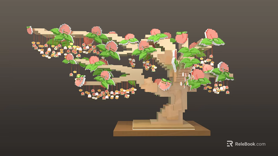 Cartoon Scene Featuring Block Tree With Pink Flowers Green Leaves And Small Decorations On Base 3d model 