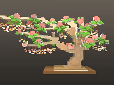 Cartoon Scene Featuring Block Tree With Pink Flowers Green Leaves And Small Decorations On Base 3d model