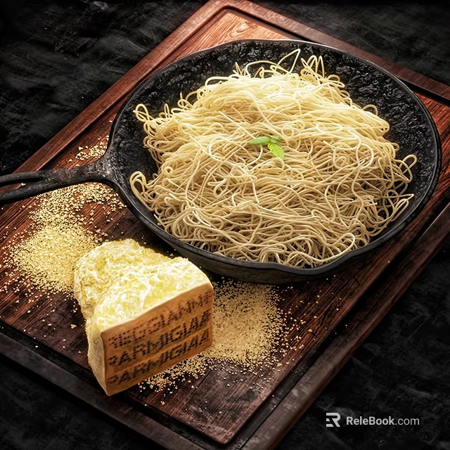 Homemade Pasta Noodles in Cast Iron Pan with Parmigiano Reggiano Cheese on Wooden Board 3d model 