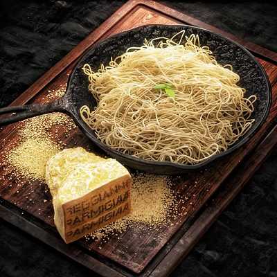 Homemade Pasta Noodles in Cast Iron Pan with Parmigiano Reggiano Cheese on Wooden Board 3d model