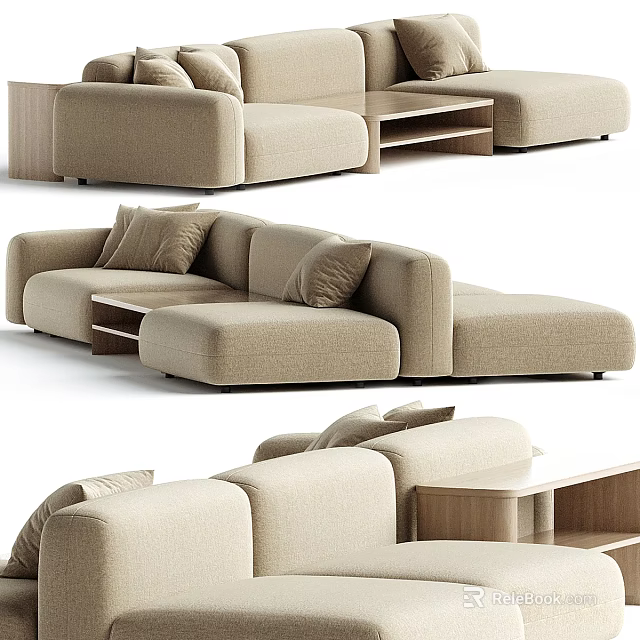 Modern Beige Linen Sectional Sofa With Wooden Side Table And Decorative Pillows 3d model 