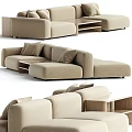 Modern Beige Linen Sectional Sofa With Wooden Side Table And Decorative Pillows