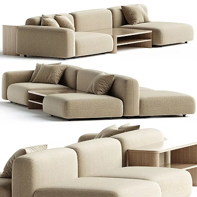 Modern Beige Linen Sectional Sofa With Wooden Side Table And Decorative Pillows 3d model