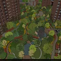 Urban Garden Landscape With High Rise Buildings Lush Plants Winding Paths And Water Ponds