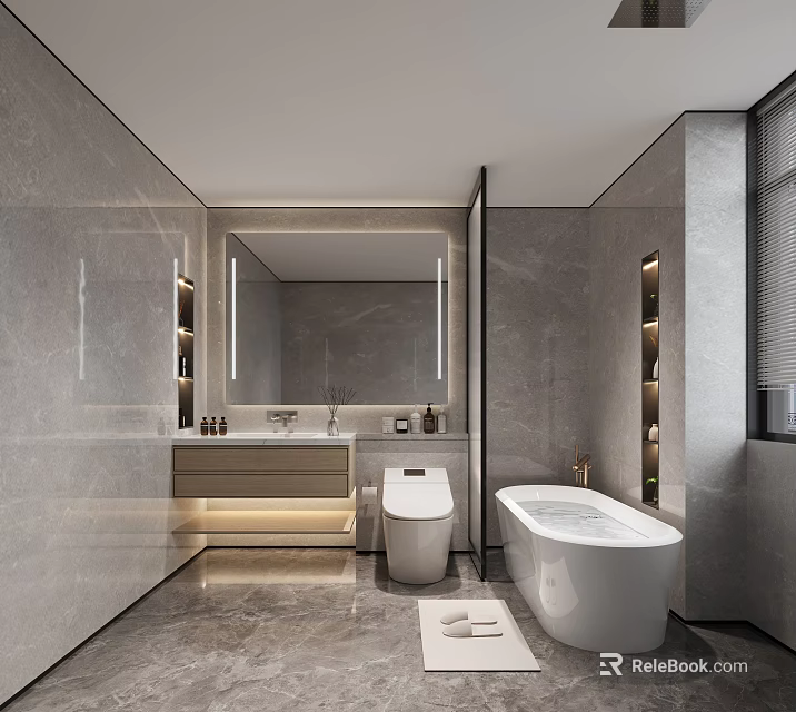 Modern Luxury Bathroom With Marble Finishes Freestanding Bathtub Smart Toilet And Illuminated Mirror Vanity 3d model 