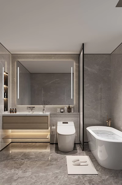 Modern Luxury Bathroom With Marble Finishes Freestanding Bathtub Smart Toilet And Illuminated Mirror Vanity 3d model