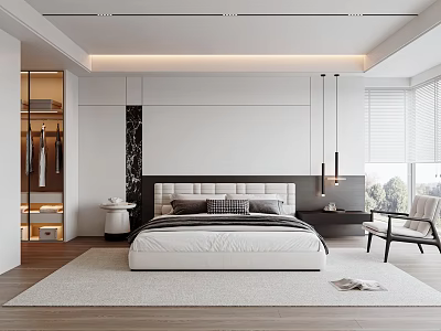 Modern Bedroom Interior With King Size Bed Wardrobe Pendant Lights Accent Chair And Natural Light 3d model