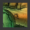 Detailed 3D Topographic Terrain Model With Green Yellow Colors And River Boat