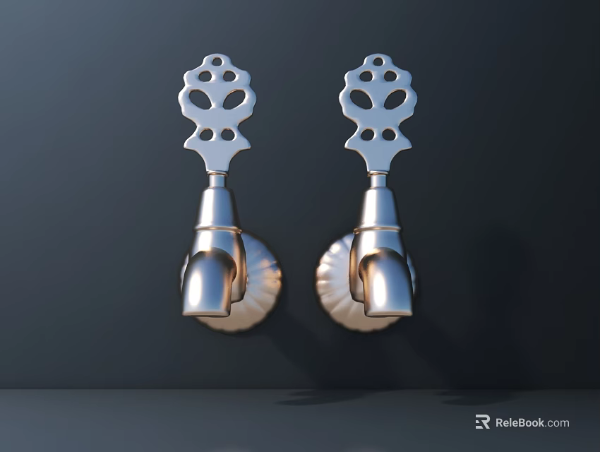 Two Silver Wall Mounted Faucets With Decorative Top On Dark Background And Light Colored Countertop 3d model 