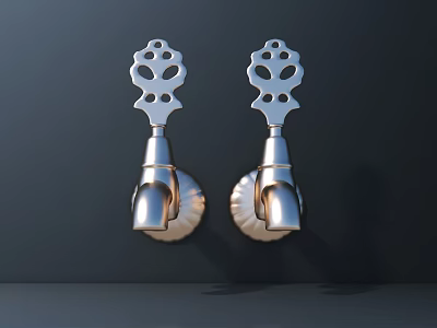 Two Silver Wall Mounted Faucets With Decorative Top On Dark Background And Light Colored Countertop 3d model