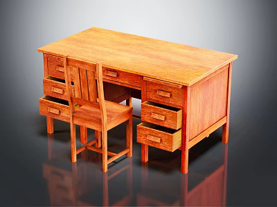 Wooden Office Desk With Drawers And Matching Chair For Workspace Setup 3d model