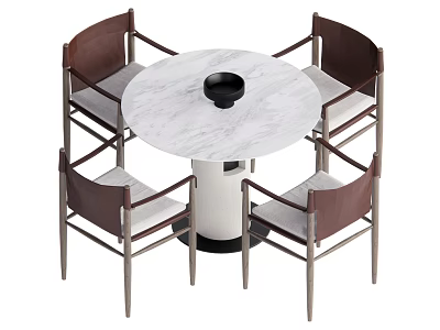 Round Marble Dining Table With Chairs Brown Leather Seats And Metal Legs Modern Minimalist Design 3d model