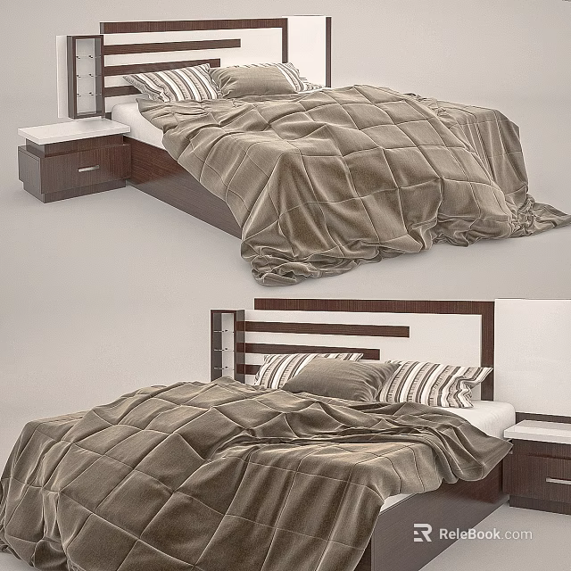 Modern Double Bed With Brown Quilt Striped Pillows And Wooden Headboard Design 3d model 