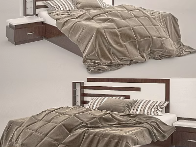 Modern Double Bed With Brown Quilt Striped Pillows And Wooden Headboard Design 3d model
