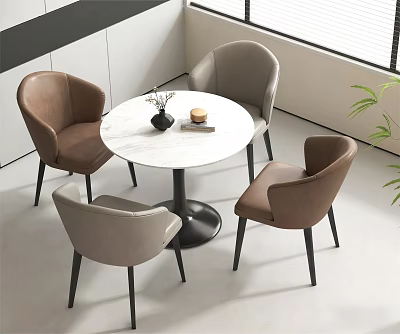 Modern Round Negotiation Table With White Marble Top And Brown Gray Chairs 3d model
