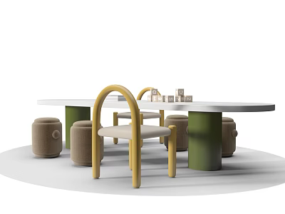 Colorful Kids Table With Yellow Chair Green Stools And Small Blocks For Play 3d model