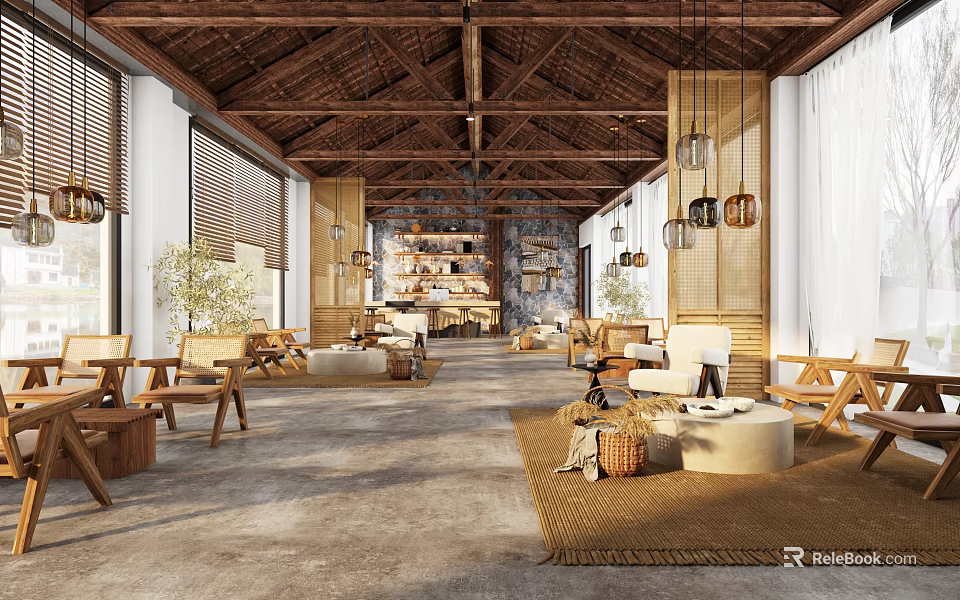 Hotel Lobby Interior With Wooden Ceiling Hanging Lanterns Cozy Seating Bookshelves And Natural Light 3d model 