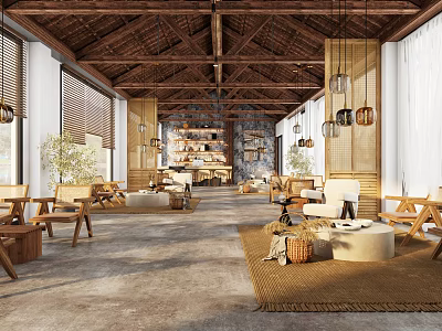 Hotel Lobby Interior With Wooden Ceiling Hanging Lanterns Cozy Seating Bookshelves And Natural Light 3d model