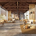 Hotel Lobby Interior With Wooden Ceiling Hanging Lanterns Cozy Seating Bookshelves And Natural Light