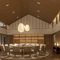 Elegant Hotel Public Lounge Area Featuring Wooden Ceiling Warm Lighting And Floor To Ceiling Windows