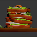 Stacked Sandwich With Fried Egg Green Sauce Tomato Slices On Wooden Cutting Board