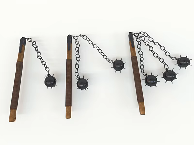 Three Medieval Spiked Ball Weapons With Wooden Handles And Metal Chains 3d model