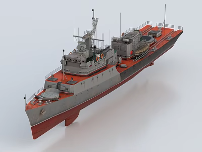 Realistic Gray Warship Model Featuring Red Bottom Deck Equipment And Antenna 3d model
